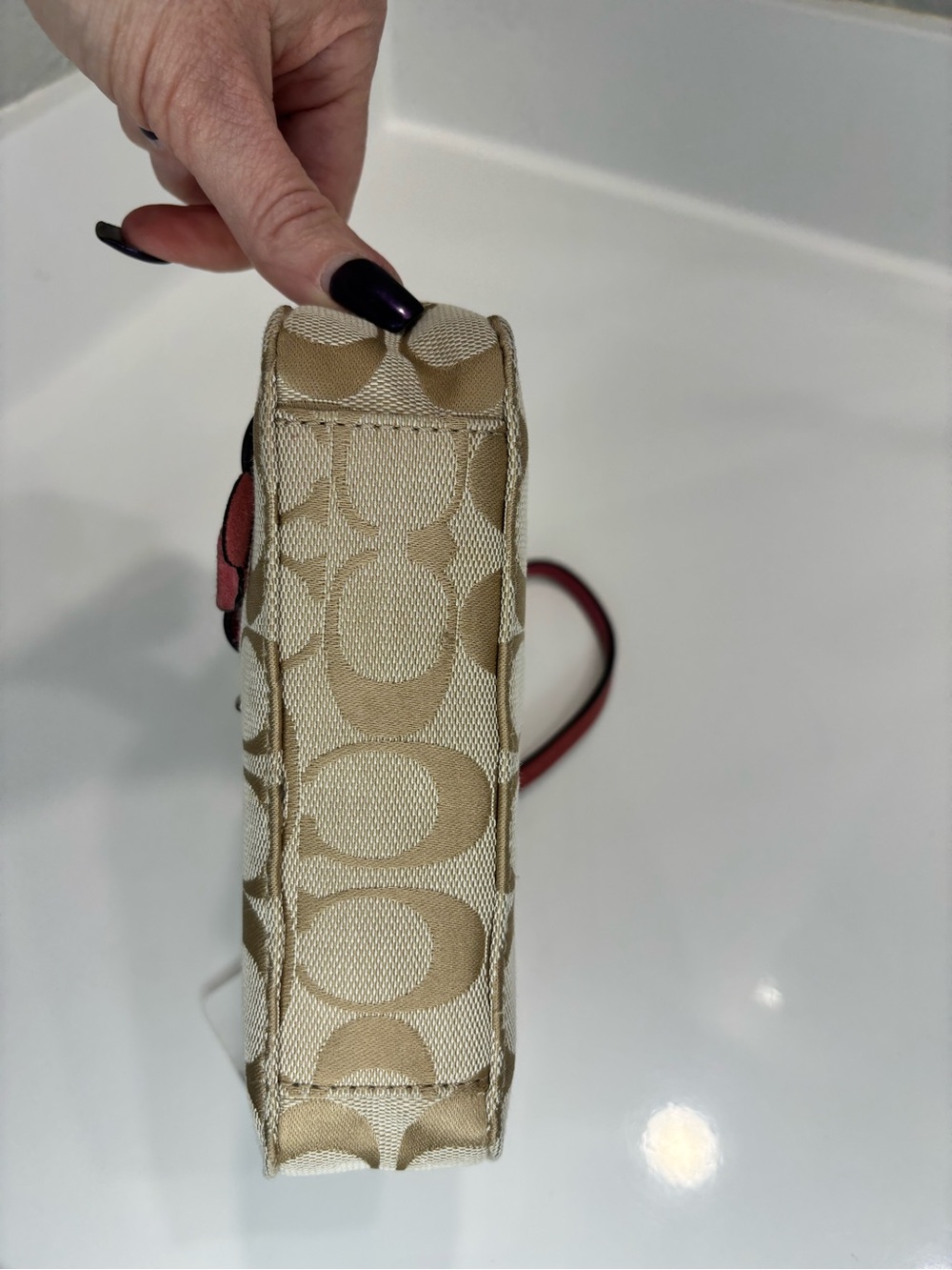 Coach Beige Signature Canvas Wristlet with Suede Pink Floral Appliques - Picture 7 of 11